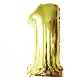 Shiny gold number one balloon against a clean white background, perfect for celebrations and birthdays.